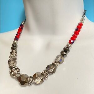 Glass Beads Red & Faceted Smokey Gun Metal Chain Necklace